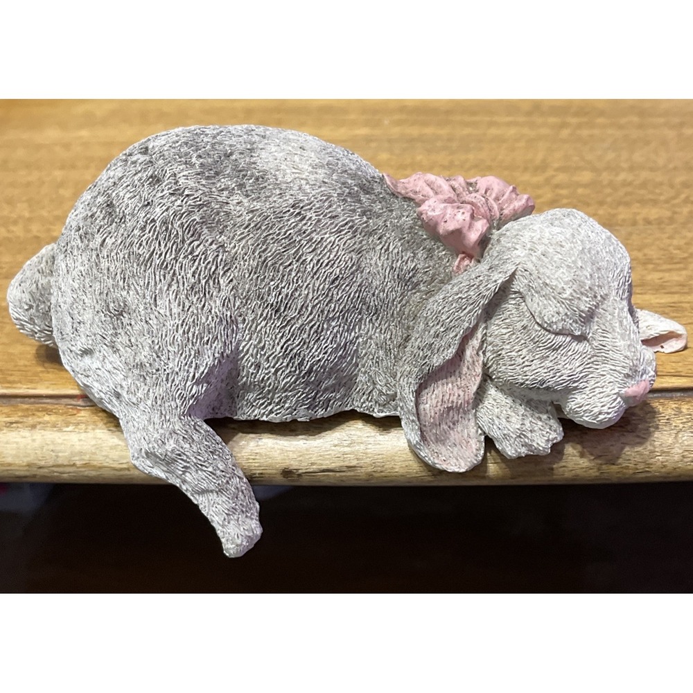 Sleeping Gray Bunny Rabbit with Pink Bow Resin Shelf Sitter Spring Nursery Room